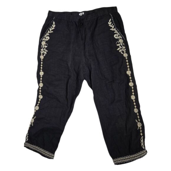 VINTAGE Johnny Was LA black linen embroidered pull on coastal pants XXL - Picture 3 of 10